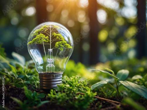 Sketch a scene featuring a light bulb against a backdrop of vibrant greenery, emblematic of renewable energy sources and ecological harmony.