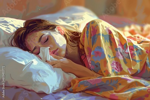 sick woman lying bed blowing nose tissue cold flu illness healthcare unwell resting digital illustration  photo