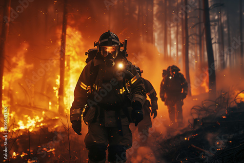 Firefighter in full gear with flashing lights leading a team through environment forests and fires