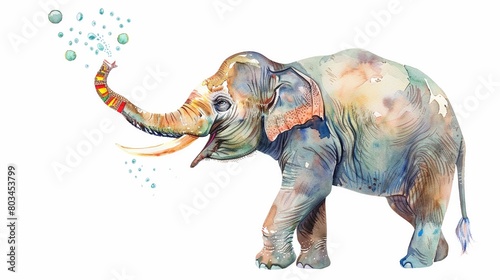 Watercolor illustration of a fun elephant splashing water joyfully Celebrate Songkran.