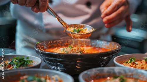 Close-up of a chef ladling fragrant tom yum goong soup into a bowl, showcasing the vibrant colors and enticing aroma of Thai cuisine.