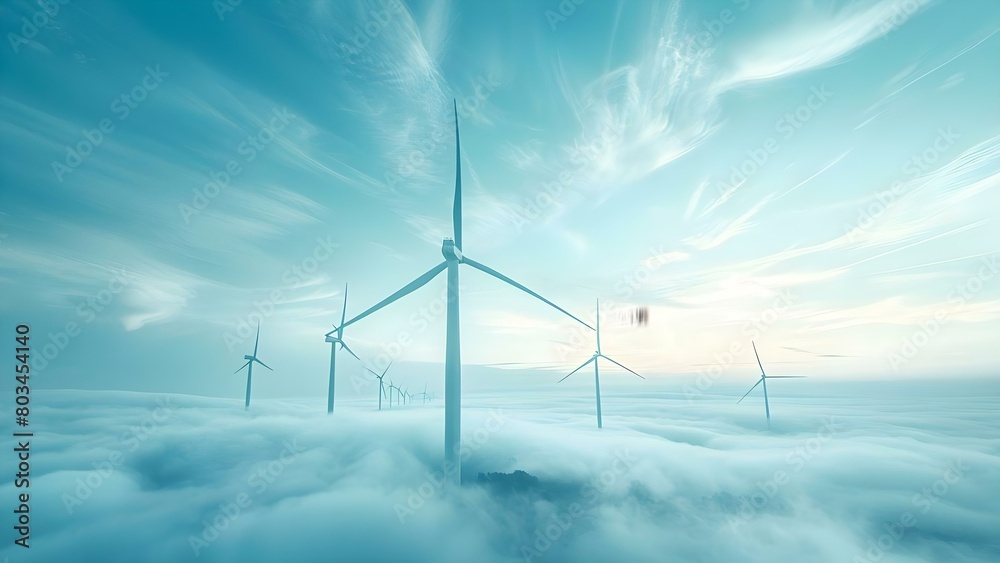 Majestic view of wind turbines against a blue sky in wide-angle shot. Concept Wind Turbines, Blue Sky, Wide-Angle Shot, Majestic View, Outdoor Photography
