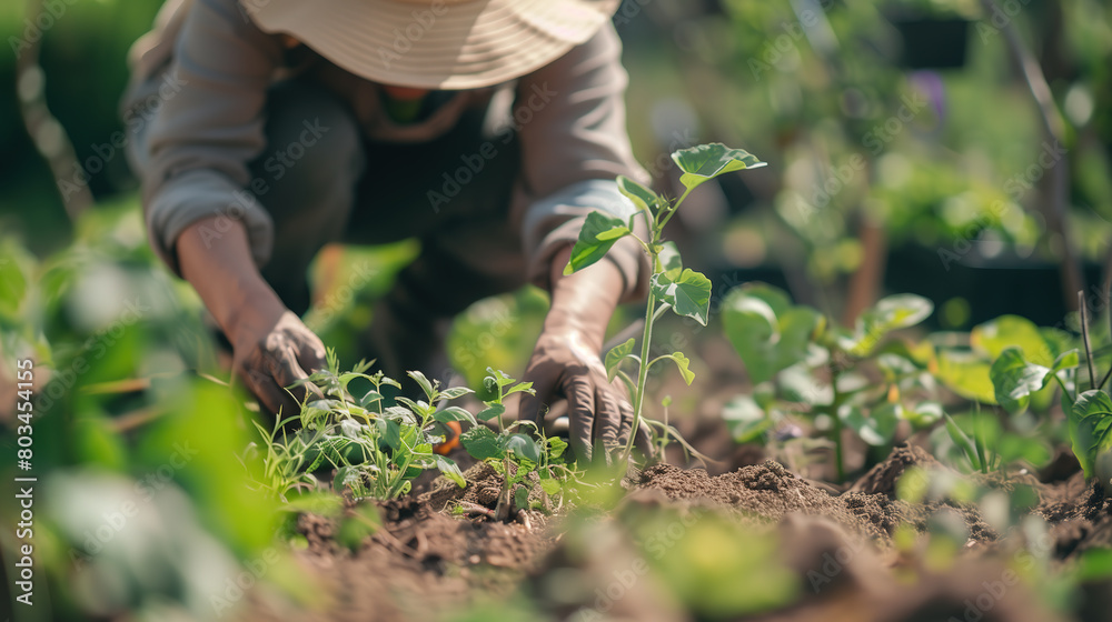 Gardener planting vegetables with gentle focus and simple clothes, garden tools Gardener planting vegetables with gentle focus and simple clothes, garden tools