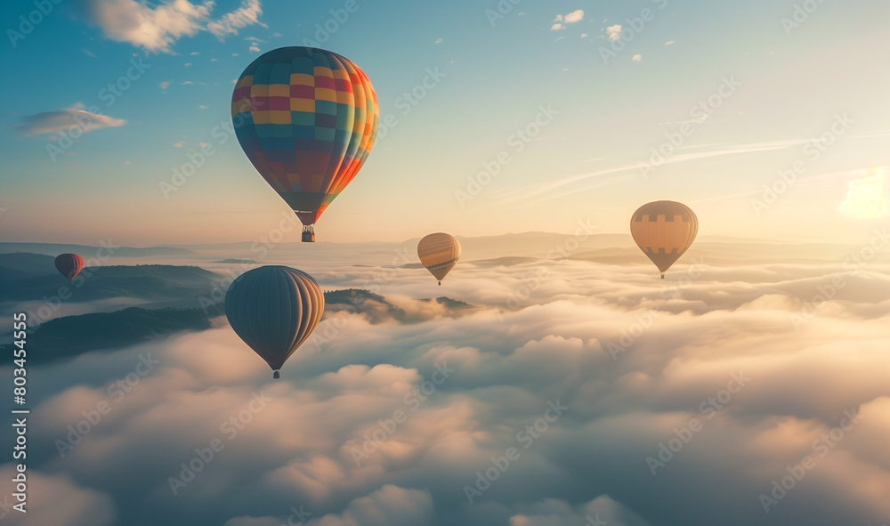 Hot Air Balloons Floating Over Cloudy Landscape. Scenic view of colorful hot air balloons floating above a sea of clouds during a tranquil sunrise.