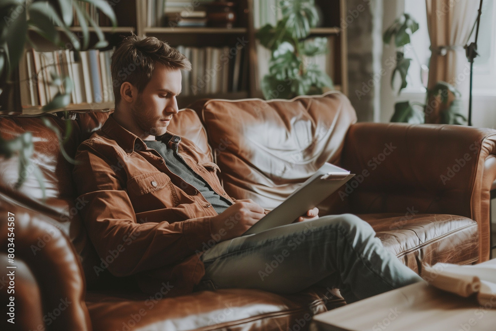 Man Reading Tablet Comfortably in Cozy Room. A young man sits comfortably on a leather sofa, reading content on a tablet, surrounded by a cozy home environment. Man Reading Tablet Comfortably in Cozy Room. A young man sits comfortably on a leather sofa, reading content on a tablet, surrounded by a cozy home environment.