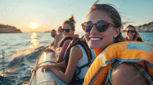 Boat trip on small ship on bay. Young female with group of tourists enjoying sea voyage, sunny summer day, picturesque landscapes on horizon, copy space