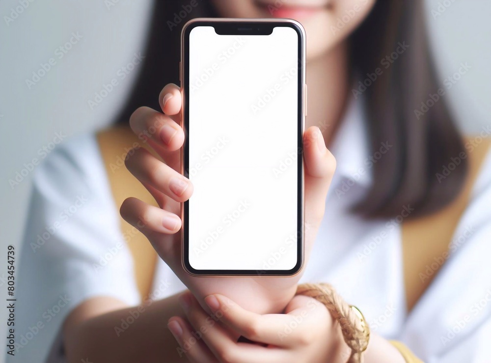 Smartphone with blank white screen held by an Asian person generative ai art