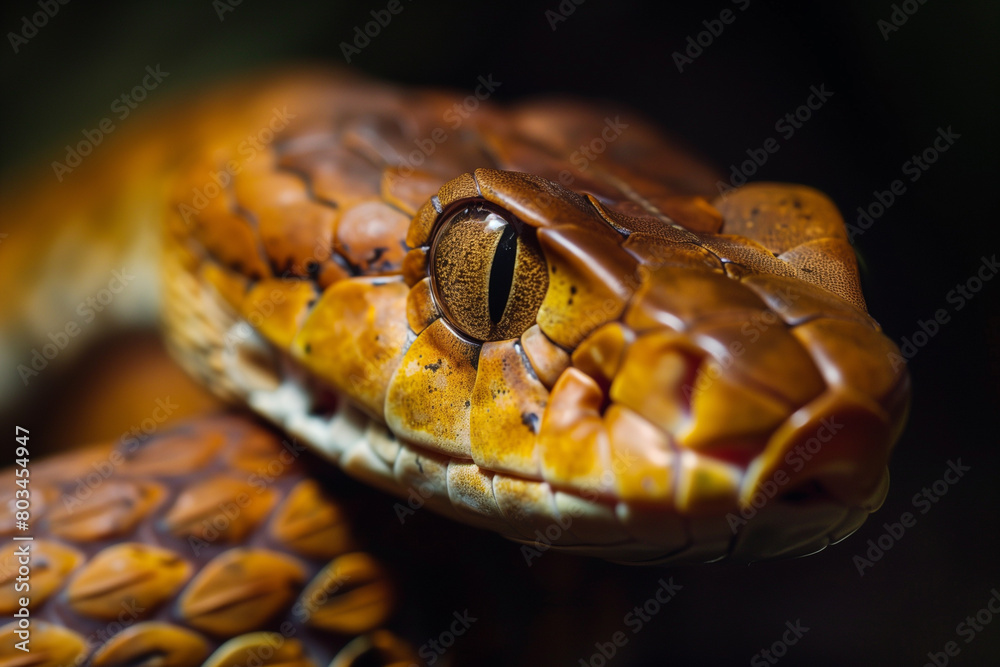 Close-up of a Colorful Brown Snake Eye. Macro shot of a brown snake's eye, displaying intricate details and vivid colors of the reptile's scale pattern. Close-up of a Colorful Brown Snake Eye. Macro shot of a brown snake's eye, displaying intricate details and vivid colors of the reptile's scale pattern.