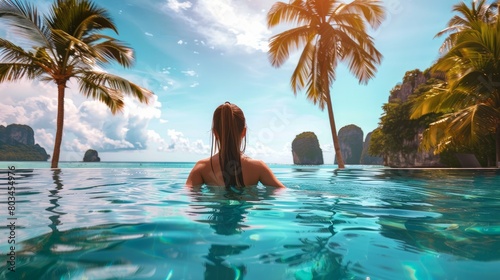 Girl swimming at the luxury poolside, tropical vacation.