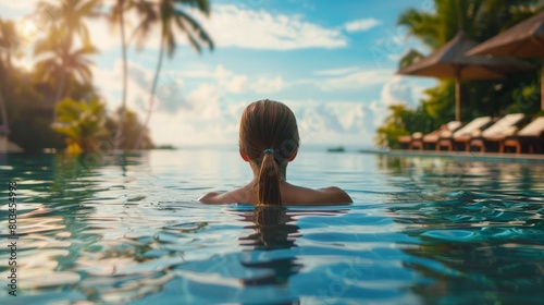 Girl swimming at the luxury poolside, tropical vacation.