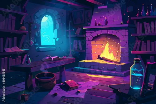 wizards magic school room with witch book potion and cauldron vector illustration