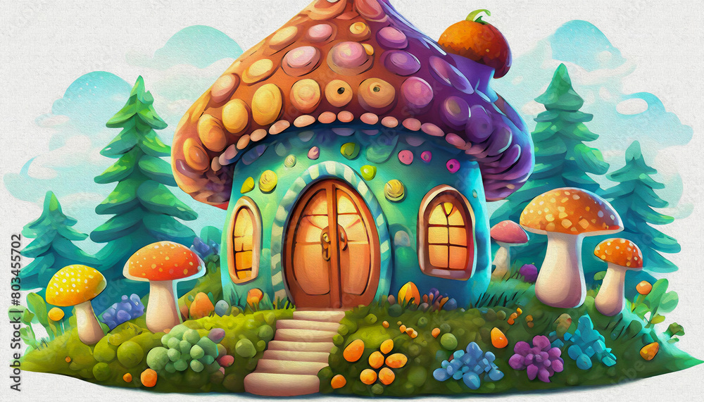 OIL PAINTING STYLE CARTOON CHARACTER CUTE baby house with mushrooms isolated on white background, top view, mushroom, OIL PAINTING STYLE CARTOON CHARACTER CUTE baby house with mushrooms isolated on white background, top view, mushroom,