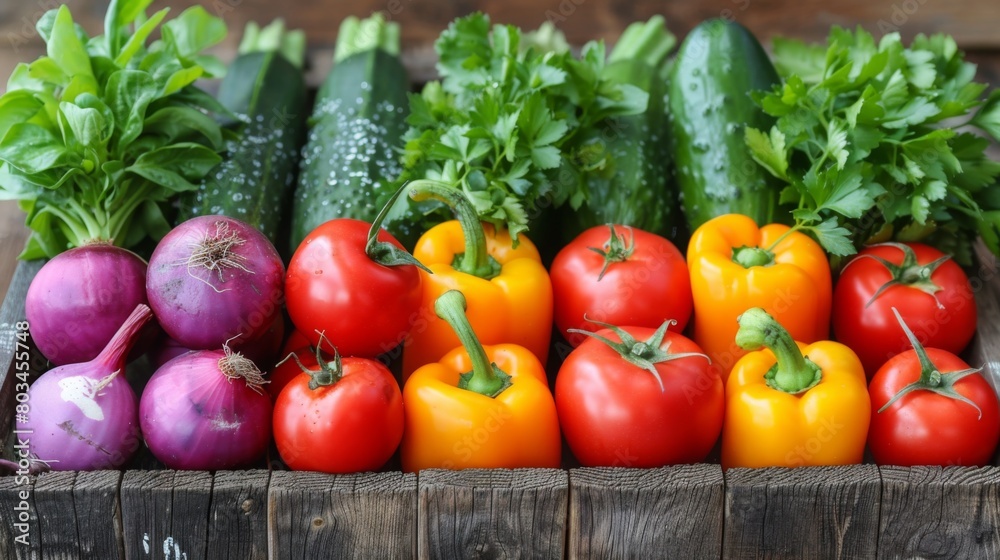 A wooden crate filled with vegetables including peppers, onions and tomatoes, AI