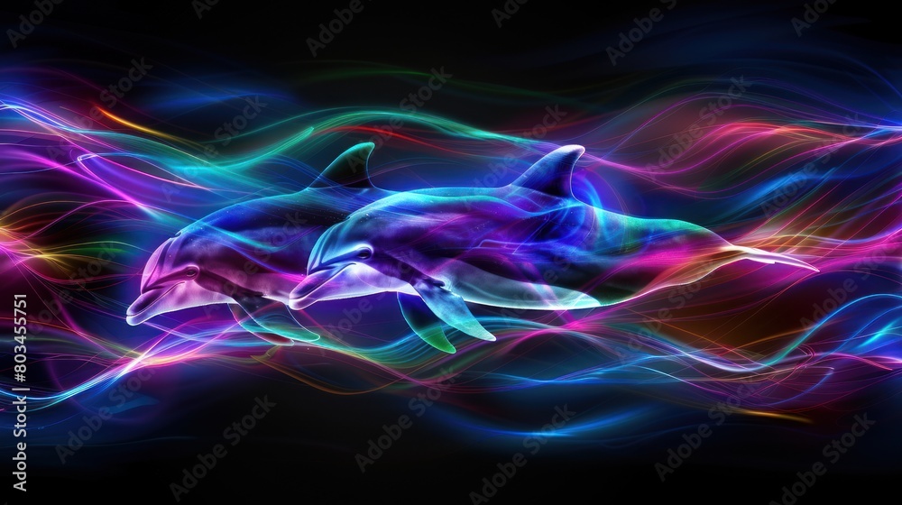 Neon dolphin design surrounded by colorful stripes and lights, creating an abstract digital wallpaper. Neon dolphin design surrounded by colorful stripes and lights, creating an abstract digital wallpaper.