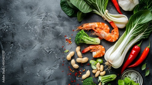 Flying wok ingredients - shrimp, vegetables, pak choi leaves, onions and peanuts. Asian food delivery. Chinese recipes. Wok preparation ingredients. Copy space photo