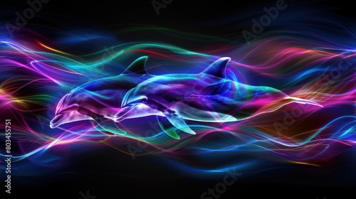 Neon dolphin design surrounded by colorful stripes and lights, creating an abstract digital wallpaper.