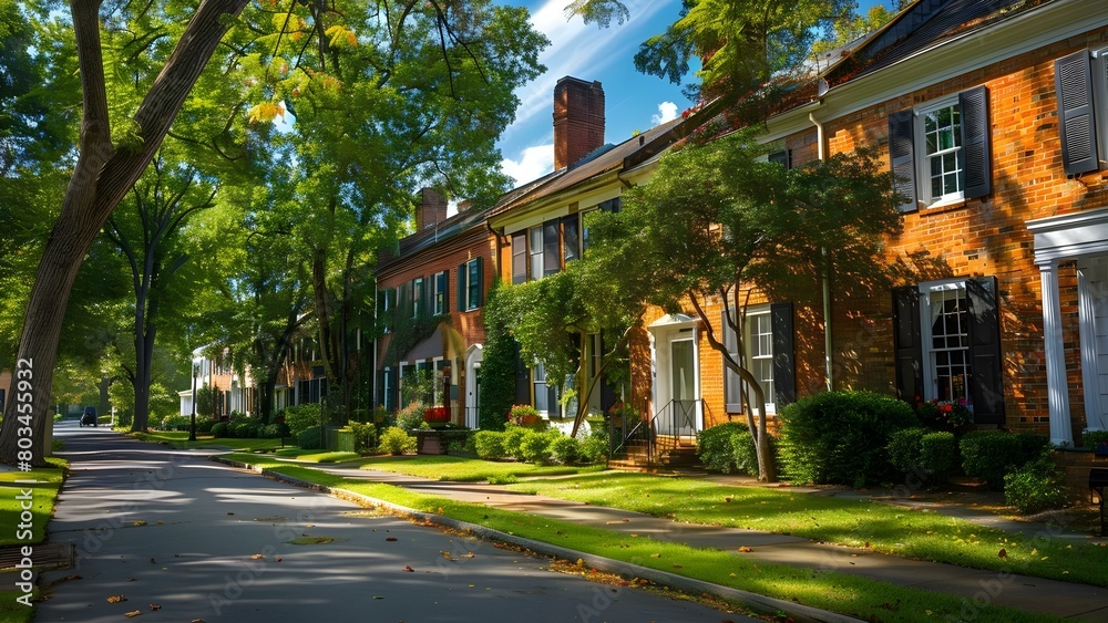 Row of Brick Houses with Trees in Williamsburg, Virginia: A Captivating Image. Concept Architecture, Nature, Travel, Virginia, Photography