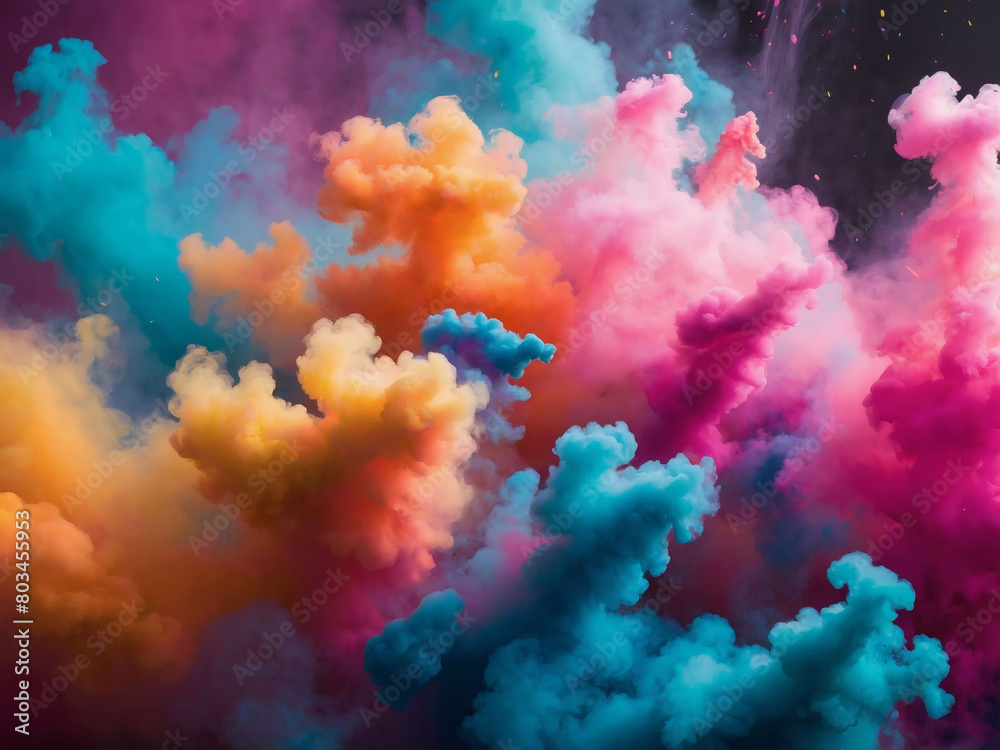 Surreal beauty captured, multicolored neon smoke billows like clubs amidst a burst of Holi paint, shaping an abstract and psychedelic pastel light background.