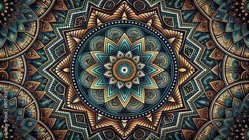 detailed symmetrical mandala design with intricate patterns combination of dark and vibrant colors