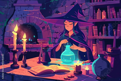 young witch cooking magic potion in old dungeon ancient spellbook and candle on table fantasy cartoon vector illustration photo