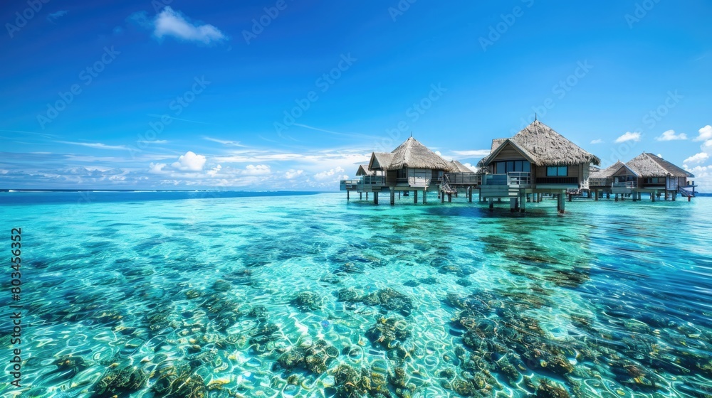 Bright blue sky and clear sea at a luxury island resort with private overwater bungalows. Private retreats