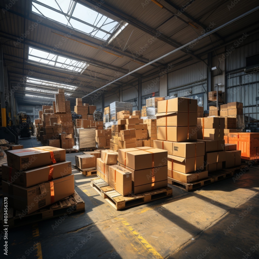Warehouse interior with stacks of cardboard boxes on pallets Warehouse interior with stacks of cardboard boxes on pallets