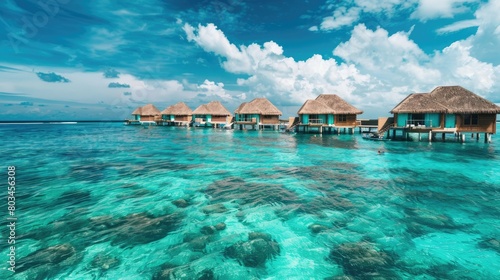 Private island resort with overwater bungalows and a clear sea under a bright sky. Private retreats photo