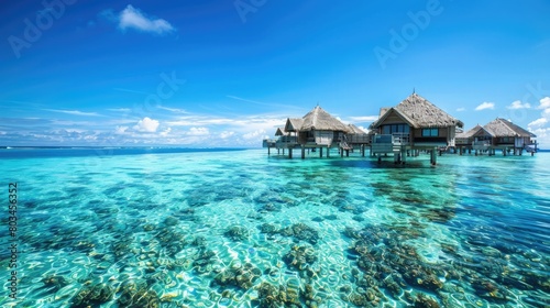 Bright blue sky and clear sea at a luxury island resort with private overwater bungalows. Private retreats