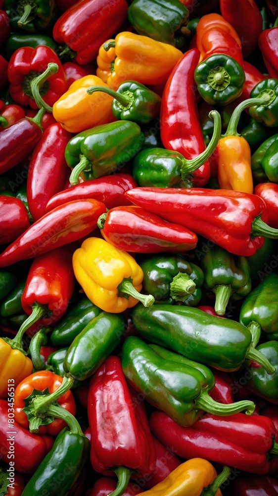 Vibrant pile of bell peppers in various shades of red, green, yellow creates captivating display. Peppers, with their smooth skin, plump shapes, piled haphazardly, showcasing their stems. Vibrant pile of bell peppers in various shades of red, green, yellow creates captivating display. Peppers, with their smooth skin, plump shapes, piled haphazardly, showcasing their stems.