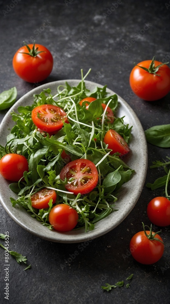 Salad of arugula, cherry tomatoes sits in rustic oval dish on dark surface. Whole tomatoes, basil leaves scattered around dish. Some of tomatoes in salad cut in half. Salad of arugula, cherry tomatoes sits in rustic oval dish on dark surface. Whole tomatoes, basil leaves scattered around dish. Some of tomatoes in salad cut in half.
