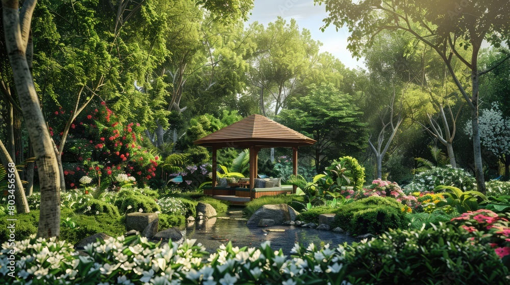 Tranquil garden oasis, a perfect retreat with a pavilion and blooming greenery. Private retreats Tranquil garden oasis, a perfect retreat with a pavilion and blooming greenery. Private retreats