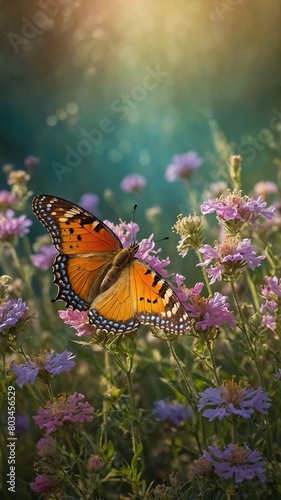 Butterfly with open orange, black wings, edged with white, blue spots, rests delicately atop cluster of pink flowers. Soft sunlight illuminates scene, casting warm glow on butterfly.