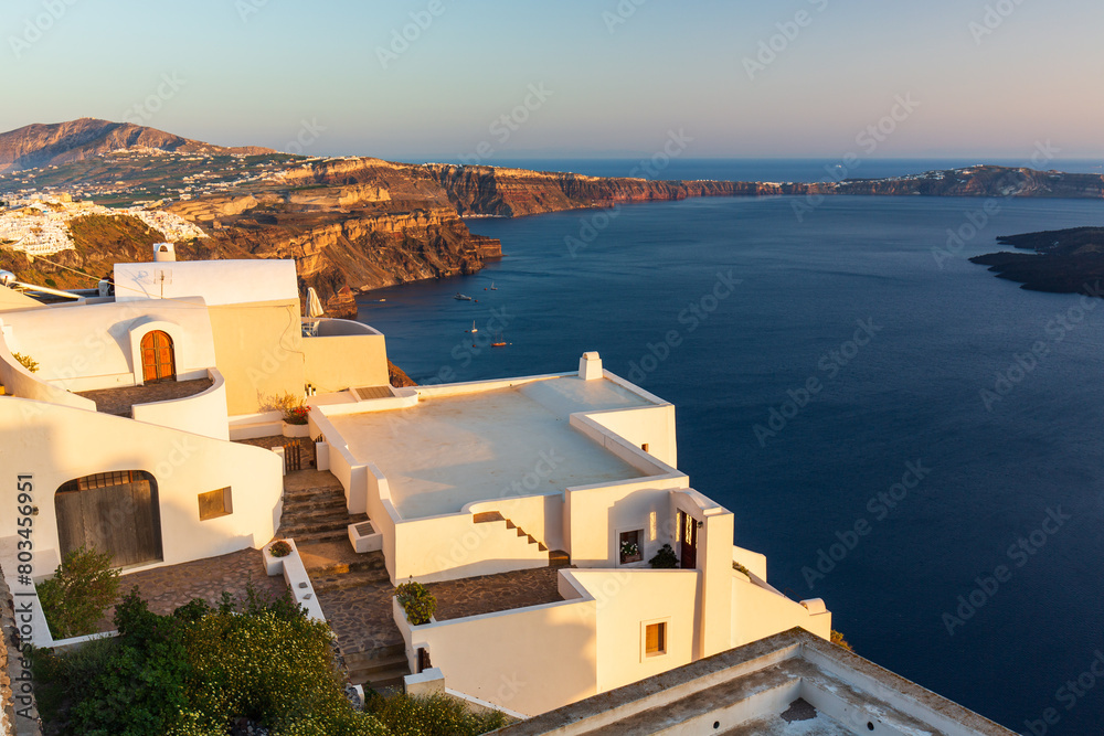 Fototapeta premium Beautiful sea view, white house, blue and white architecture, greek orthodox churche, Travel and summer vacacion, Architecture details in Santorini Greece, romantic seascape to the blue Aegean sea.