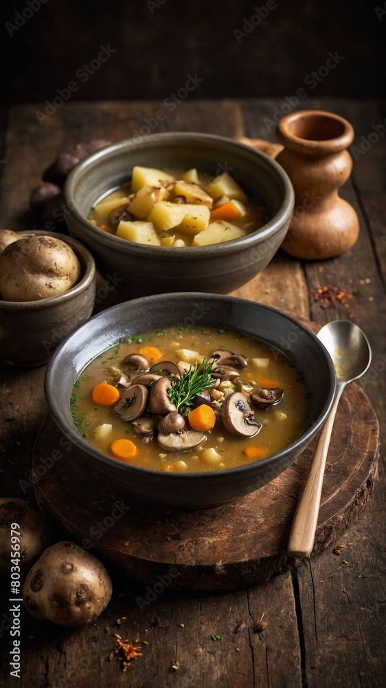 Dark rustic bowl filled with hearty mushroom, barley soup rests on wooden cutting board. Soup garnished with fresh dill, surrounded by bowls of potatoes, wooden salt cellar, spoon. Dark rustic bowl filled with hearty mushroom, barley soup rests on wooden cutting board. Soup garnished with fresh dill, surrounded by bowls of potatoes, wooden salt cellar, spoon.
