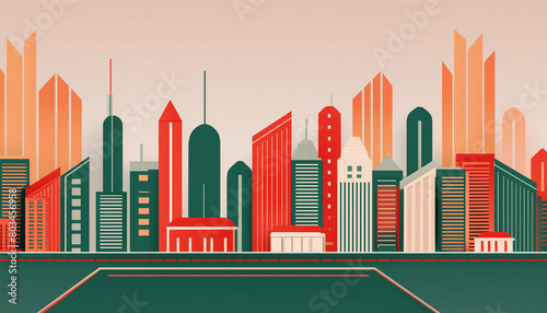 illustrazione di paesaggio urbano con veduta di palazzi e costruzioni, stile astratto geometrico photo