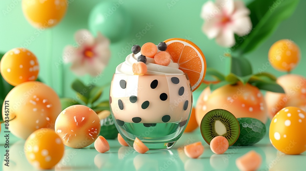 Engaging and colorful display of fruit ice cream in a playful dotted glass, garnished with fresh citrus slices and berries, set against a cheerful backdrop with tropical fruit accents
