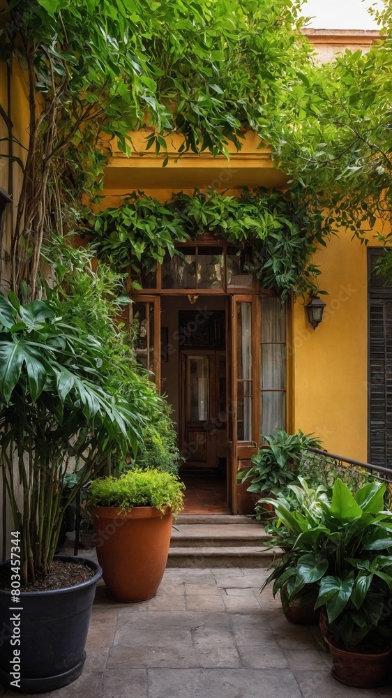 Naklejka premium Vibrant yellow building with wooden door stands open, inviting visitors into cool, shaded interior. Lush greenery surrounds entrance, with potted plants.