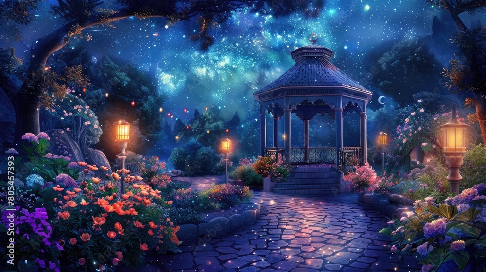 Enchanting gazebo in a digital painting, with night-blooming flowers and stars overhead, illuminated by moonlight. Private retreats Enchanting gazebo in a digital painting, with night-blooming flowers and stars overhead, illuminated by moonlight. Private retreats