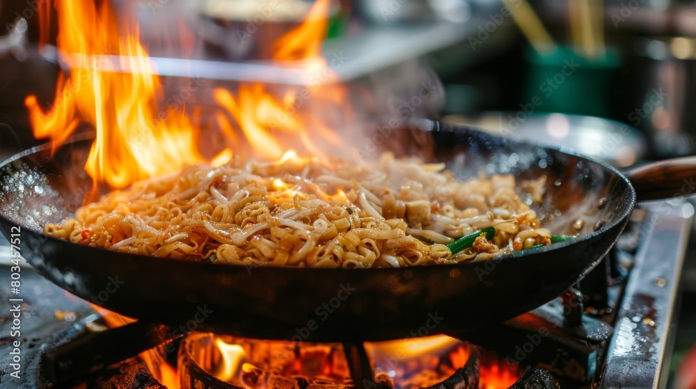 fried noodles cook in pan with big fire flame is hong kong style. Pad Thai favorite and famous Asian Thai street fast food in hot pan, Pad Thai is fried rice noodle dish a street food Thailand fried noodles cook in pan with big fire flame is hong kong style. Pad Thai favorite and famous Asian Thai street fast food in hot pan, Pad Thai is fried rice noodle dish a street food Thailand
