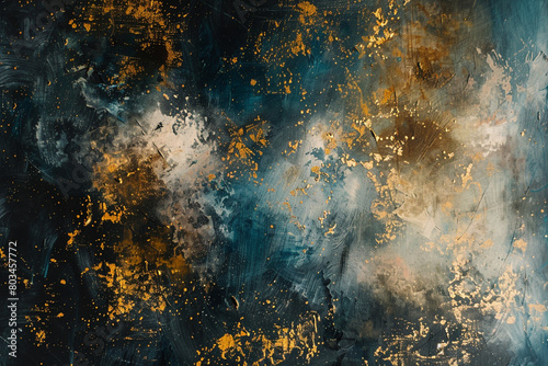 Abstract oil painting with a fusion of gold and cool tones, creating a captivating and balanced visual experience.