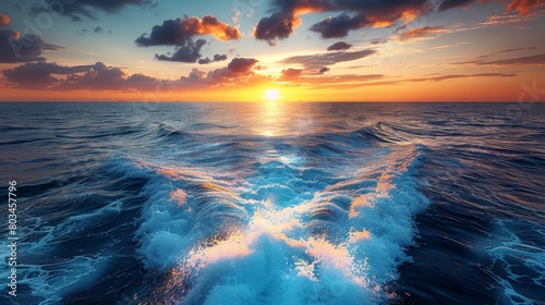 The wake of a boat in the ocean at sunset, AI photo