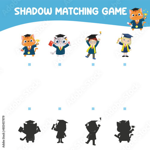 Matching shadow game for children. Find the correct shadow. Worksheet for kid. Printable activity page for kids. Learning Game. Vector file. 