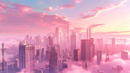 Smog in the city illuminated by the sun s rays with a hint of pink