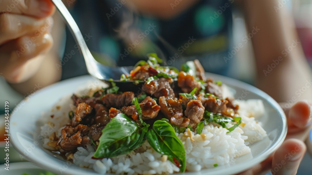 Hands using spoon the action of picking up rice topped with stir-fried beef and basil for eat, famous street food in Thailand, fast food, soft focus Hands using spoon the action of picking up rice topped with stir-fried beef and basil for eat, famous street food in Thailand, fast food, soft focus