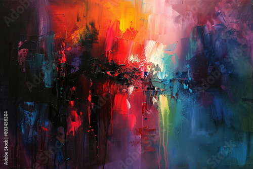 Abstract oil painting with expressive brushstrokes and a vibrant color palette, evoking emotions and intrigue. photo