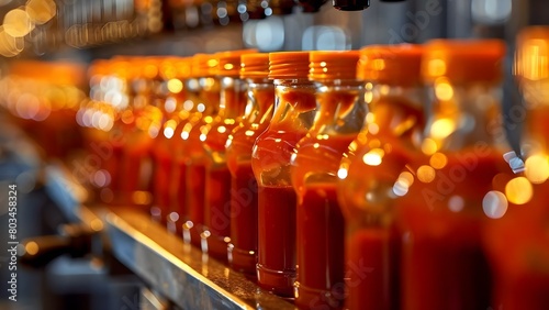 Efficient Bottled Ketchup Production Line in a Factory. Concept Food safety standards  Automated machinery  Quality control  Production efficiency  Packaging and labeling