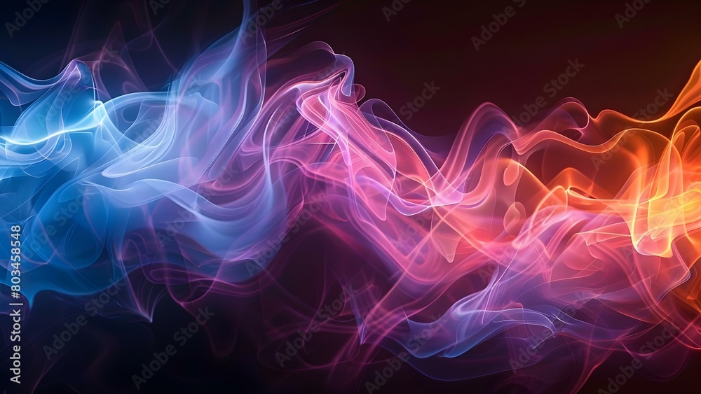 Glowing waves and smoke in abstract birch pink, blue, and orange colors on black background. Concept Abstract Art, Glowing Waves, Smoke Effect, Birch Pink, Blue Orange, Black Background