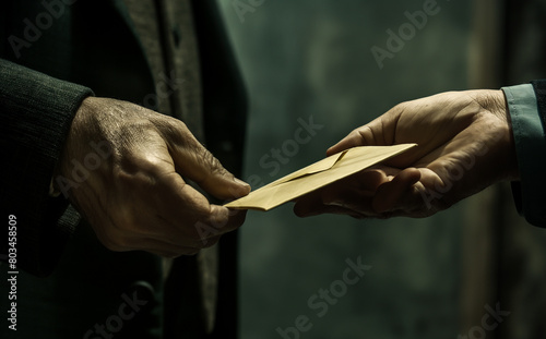 Businessman giving bribe money in the envelope to partner in a corruption scam with black and white tone photo