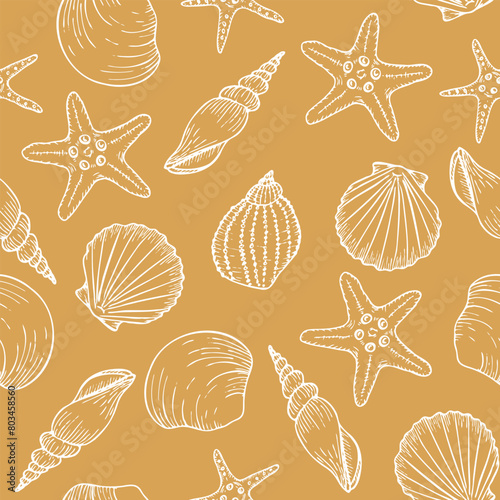 Underwater seamless pattern with seashell line art illustrations in white color on yellow background. Scallop sketch, seashell line drawing. Summer ocean beach print for background, textile, fabric