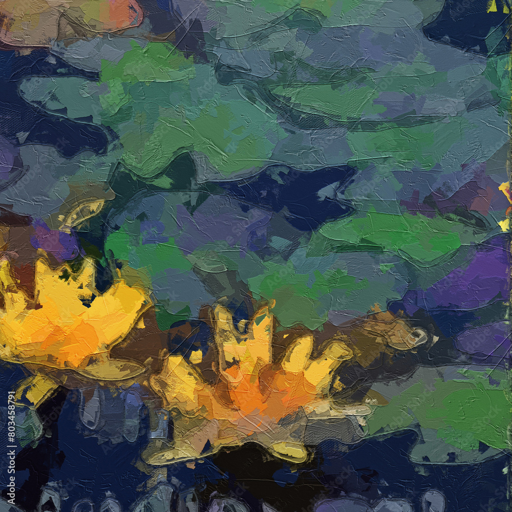 Fototapeta premium Oil paintings and various flowers, lotus leaves, fish, ponds, chrysanthemums, and leaves are beautiful